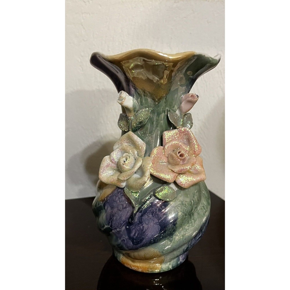 Vintage Opalescent Lusterware Green Blue Vase 3D Roses Japan Pearlescent